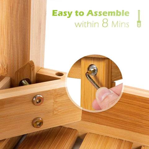 Close-up of easy assembly process for Bamboo Shower Bench With Shelf And Free Soap Dish For Spa Like Bathrooms No Fuss Easy Set Up.