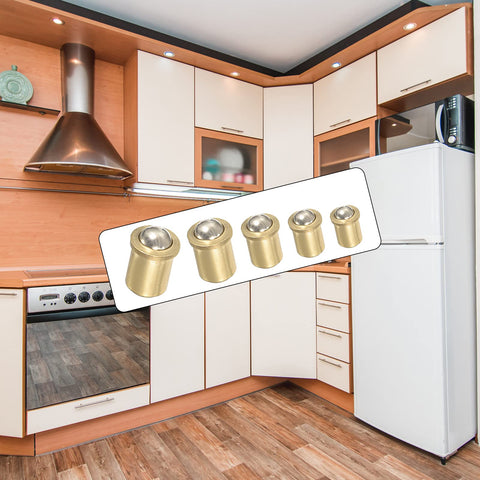 Premium Ball Plunger Catch Latches For Cabinet Doors And Deep Drawers Smooth Quiet Close Keeps Lids Snug Solid Brass Tone displayed in modern kitchen.