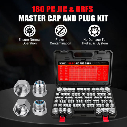 Pikwo 180 Pc Master Industrial Hydraulic Cap And Plug Kit For Hose Tube Pipe Fitting with metal caps in case.