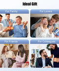 Collage showing gift-giving moments with family, lovers, friends, and colleagues, each smiling and holding presents.