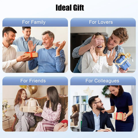 Collage of happy people exchanging gifts with titles: For Family, For Lovers, For Friends, For Colleagues, labeled 'Ideal Gift'.