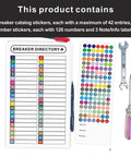 16 Sheets Breaker Panel Labels Set For Electrical Box And Load Center, Number Stickers For Circuit Breaker Catalog displayed with tools
