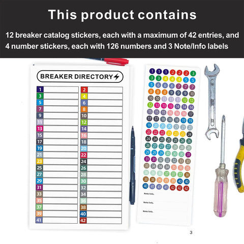 16 Sheets Breaker Panel Labels Set For Electrical Box And Load Center, Number Stickers For Circuit Breaker Catalog displayed with tools