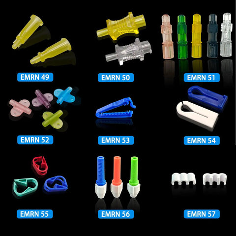 Colorful assortment of Bulk 500 Pack Catheter Clamps For Luer Lock And Catheter Systems Tube Clamps on black background.