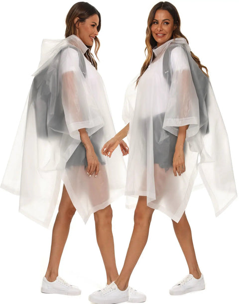 2 Pack Reusable Adult Rain Ponchos Emergency Waterproof Rain Coat With Drawstring Hood Heavy Duty EVA Gear Tear Resistant Quick Dry White