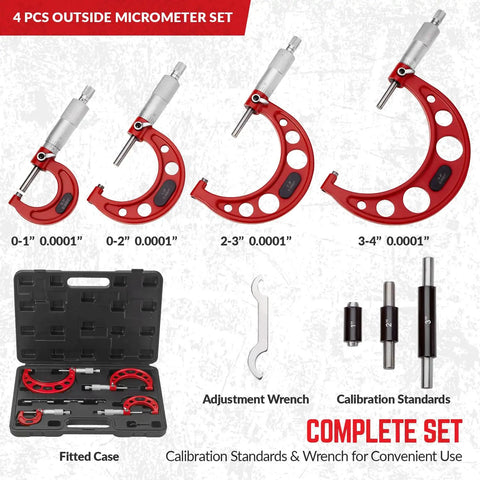Pro Grade Outside Micrometer Set 0 To 4 Inches With Microfine 0.0001 Inch Readings, Includes Four Carbide Outside Micrometers (0-1, 1-2, 2-3, 3-4), Calibration Standards, Wrench Set, Ratchet Stop, Padded Case.