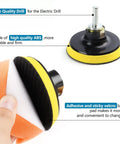Pro Grade 22 Piece Drill Buffing Pads Kit, focus on velcro backing and drill adapter with 3-inch foam pad and yellow ABS holder.
