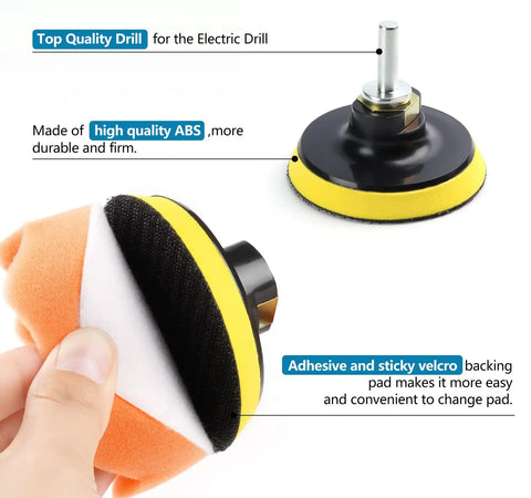 Pro Grade 22 Piece Drill Buffing Pads Kit, focus on velcro backing and drill adapter with 3-inch foam pad and yellow ABS holder.