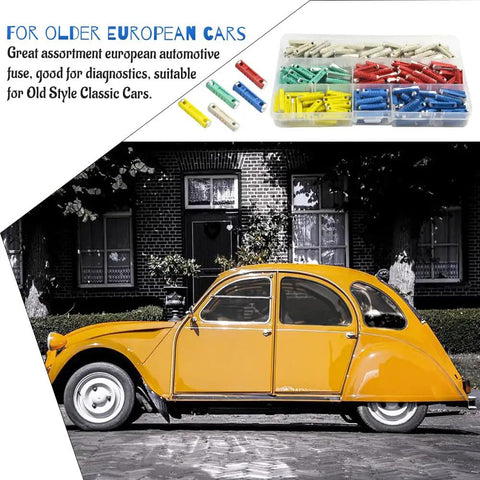 200 Pieces European Classic Car Fuses Plug And Play Auto Blade Set With 5A 8A 10A 16A 25A color coded fuses with classic yellow car.