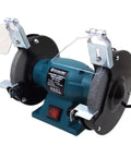 Knockout 6 Inch Bench Grinder With 300 Watt Motor And 3540 RPM Dual Wheels For Sharpening Polishing And Rust Removal Includes Heavy Duty Tool Rest And Safety Shield showing grinding wheels and safety guard.