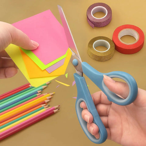 Blue-handled 8.5 Inch Pastel Scissors cutting colorful paper, part of 3 pack ultra sharp stainless steel heavy duty kitchen shears