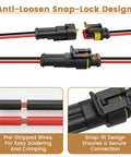 Anti-loosen snap-lock design of Heavy Duty 2 Pin Waterproof Wire Connector Set with 15 cm copper leads and heat shrink tubing.