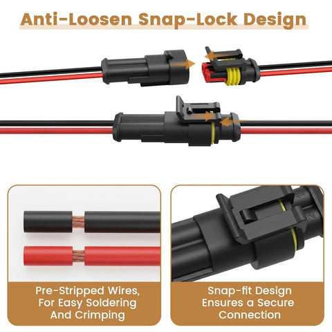 Anti-loosen snap-lock design of Heavy Duty 2 Pin Waterproof Wire Connector Set with 15 cm copper leads and heat shrink tubing.