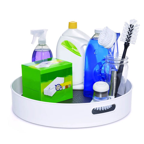 18 Inch Lazy Susan Rotating Turntable Featuring Super Grippy Non Skid Base spins smooth with cleaning supplies and tools.