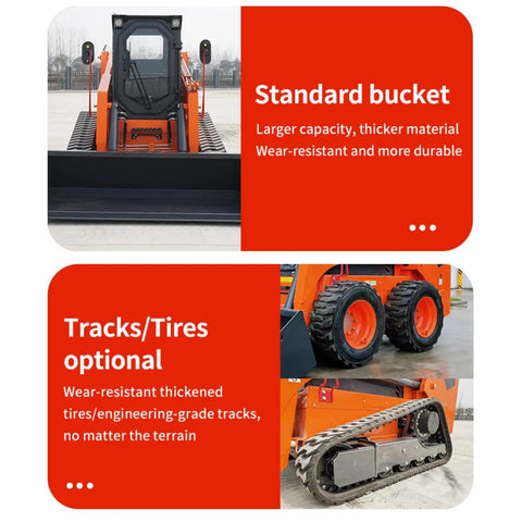 Workhorse Mini Track Skid Steer Loader with standard bucket and optional tracks or tires for construction and landscaping tasks