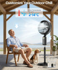 No Hose Needed Misting Fan With Built In Pump 12 Inch Portable Outdoor Oscillating Pedestal Fan With Remote And Timer Spray Mist System For Patio Or Bedroom 30000mAh Rechargeable Battery Keeps Ya Cool All Day in use on a patio with a relaxed man and dog.