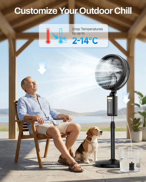 No Hose Needed Misting Fan With Built In Pump 12 Inch Portable Outdoor Oscillating Pedestal Fan With Remote And Timer Spray Mist System For Patio Or Bedroom 30000mAh Rechargeable Battery Keeps Ya Cool All Day in use on a patio with a relaxed man and dog.