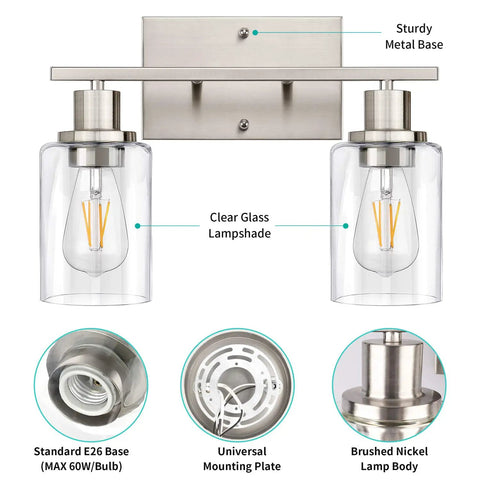 Modern Two Light Vanity Light Fixture In Brushed Nickel With Clear Glass Shades featuring lamp base and mounting details