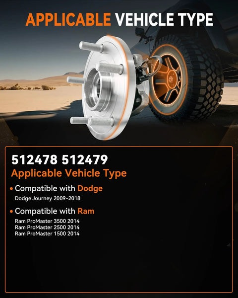 2 Pack Rear Wheel Bearing Hub Assembly Kit Bolt On 512478 512479 With ABS Sensor 5 Lug Fit Dodge Journey Ram ProMaster