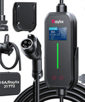 No Sweat Setup Level 1 And 2 EV Charger With Holder, 110V To 240V J1772 Portable Electric Vehicle Charger With 21 Ft Cable, Hassle Free Adjustable Current Delay Timer Wall Mount For All SAE J1772 Cars And Plugs, showing charger unit and connector.