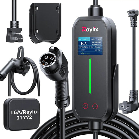 No Sweat Setup Level 1 And 2 EV Charger With Holder, 110V To 240V J1772 Portable Electric Vehicle Charger With 21 Ft Cable, Hassle Free Adjustable Current Delay Timer Wall Mount For All SAE J1772 Cars And Plugs, showing charger unit and connector.