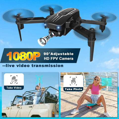 Mini Drone With Camera For Adults And Kids 1080P HD FPV With 90 Degree Adjustable Lens hovering over outdoor scene