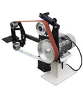 Rock Solid 2 By 71 Inch Variable Speed Belt Grinder with metal body and grinding wheels for knife sharpening and sanding.