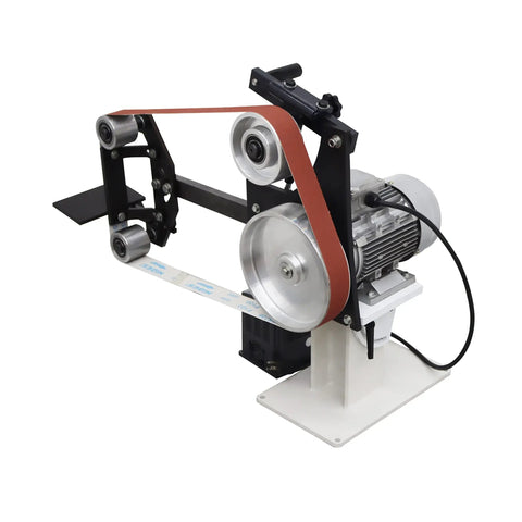 Rock Solid 2 By 71 Inch Variable Speed Belt Grinder with metal body and grinding wheels for knife sharpening and sanding.