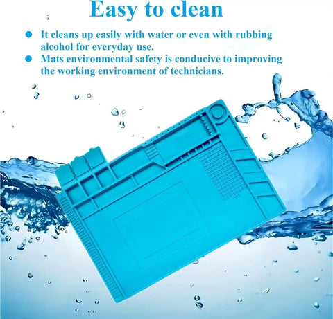 Heat Resistant Silicone Soldering Work Mat For Electronics Repair, showing 11.8 by 7.9 inch blue mat with water splash
