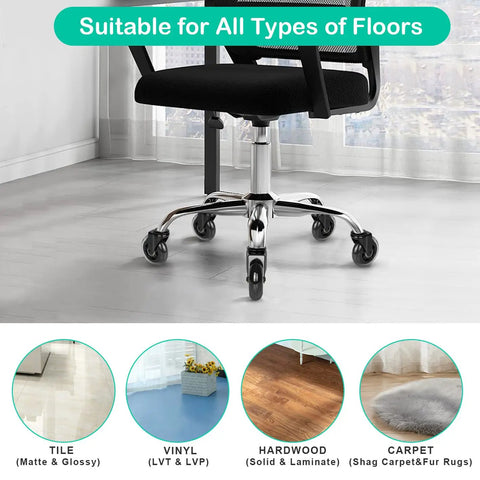 Premium Five Pack Office Chair Caster Wheels With 3/8 Inch 16 Unc Threaded Stem Replacement Rollers on hardwood floor.