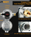 SURIEEN 2-Stage Auto Changeover Propane Regulator for RVs; chrome body, brass 1/4in SAE flare inlet, 3/8in NPT outlet