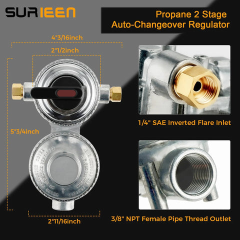 SURIEEN 2-Stage Auto Changeover Propane Regulator for RVs; chrome body, brass 1/4in SAE flare inlet, 3/8in NPT outlet