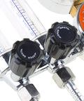 Close-up of knobs on Argon Gas Regulator For Welding With Adjustable 0 To 25 MPa Pressure Gauge And Readout, ideal for TIG MIG welding.