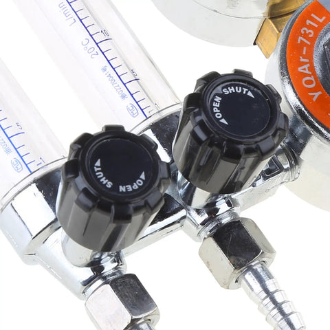 Close-up of knobs on Argon Gas Regulator For Welding With Adjustable 0 To 25 MPa Pressure Gauge And Readout, ideal for TIG MIG welding.