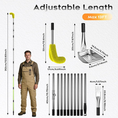 13 Foot Gutter Cleaning Tool From The Ground With 3 In 1 Gutter Cleaner Replaceable Brush Shovel And Scraper 180 Degree Rotating And Lockable Head Stainless Steel Pole For Leaves And Debris Removal No Ladder Needed shown with components and dimensions