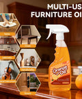 Top Shelf 2 In 1 Wood Cleaner And Furniture Polish Featuring Pure Orange Oil Spray beside various wood surfaces like tables and chairs.
