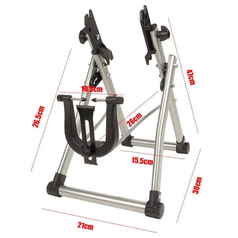 Pro Grade Bike Wheel Truing Stand For DIY Cyclists And Mechanics Foldable Wheel Alignment Tool, aluminum frame dimensions shown