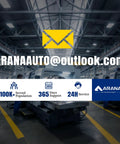 Contact information for ARANA AUTO, including email, service support details, and a modern industrial background.