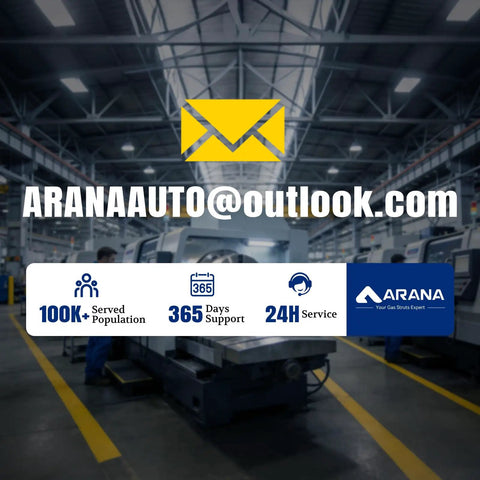 ARANA Auto support image showcasing email, service hours, and 100K served customers in a manufacturing setting.