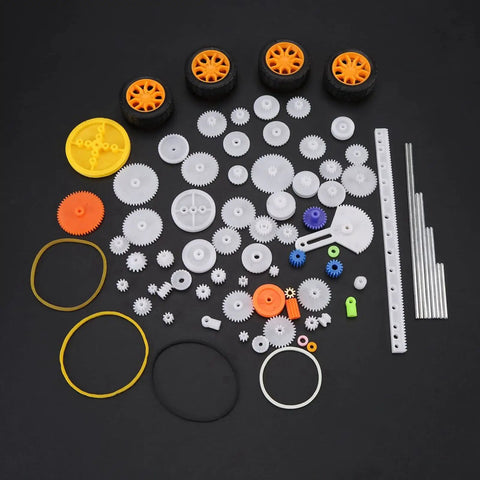 78 Piece DIY Gear And Pulley Kit With Plastic Gears Rack Kits And Shaft Belts For Hobbyists And Makers Includes Axles Tires