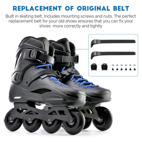 Inline Skate Replacement Straps 2 Pack With Adjustable Universal Buckles And Energy Buckles With Screws Durable Plastic Shoe Clips shown on black skates