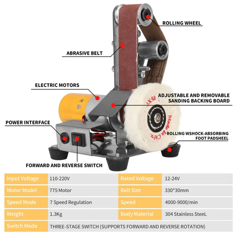 Top Tier 3 In 1 Mini Belt Sander Bench Grinder Polisher And Buffer Station Featuring Flex Cushioned Sailboat Belts labeled components and features.