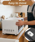 Man moving microwave with Eight Pack Self Adhesive Caster Wheels With 360 Degree Swivel Universal Small Casters for Kitchen Appliances.