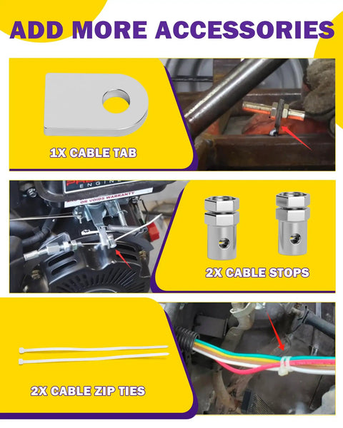 Go-kart cable accessories with 1x cable tab, 2x cable stops, 2x cable zip ties, part of Beefed Up Big Pedals And 71 Inch Throttle Cable Upgrade For Karts kit