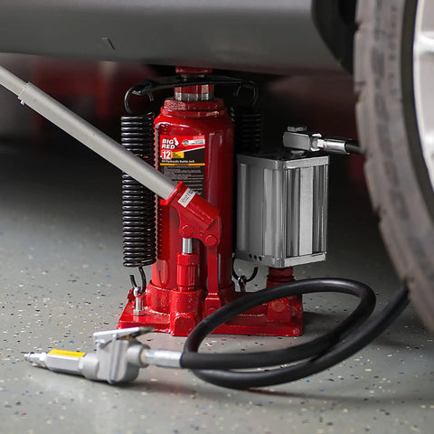 Heavy Duty 20 Ton Pneumatic Air Hydraulic Car Bottle Jack For Auto Repair And Home Garage Lifts Up To 40000 Lbs shown lifting a car