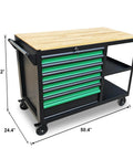 Heavy Duty Mobile Tool Cabinet With Wood Top Workbench And Seven Smooth Gliding Drawers Lockable Storage Drawer Brake Caster Black Metal Frame With Double Shelves For Garage Workshop Or Outdoor Use