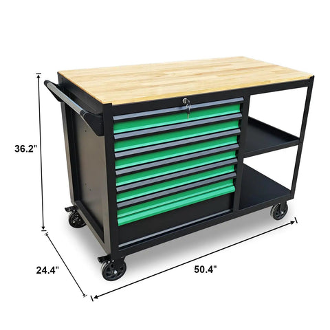 Heavy Duty Mobile Tool Cabinet With Wood Top Workbench And Seven Smooth Gliding Drawers Lockable Storage Drawer Brake Caster Black Metal Frame With Double Shelves For Garage Workshop Or Outdoor Use