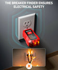 Circuit Breaker Finder with GFCI Outlet Tester in use on wall socket, demonstrating electrical safety with clear indicator lights.