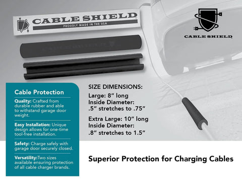 Cable Shield EV cable protector for garage door pass-through; black rubber, 8-inch long, Large size.