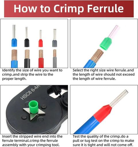 Complete Ferrule Crimp Kit With Insulated Copper Terminals And Wire Connectors, 0.5-10mm2, guide for crimping ferrules.